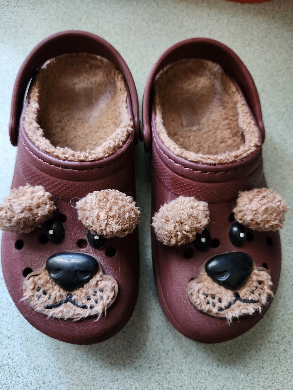 Cozy Brown Dog Croc Shoes with Fuzzy Lining Kids Size13C